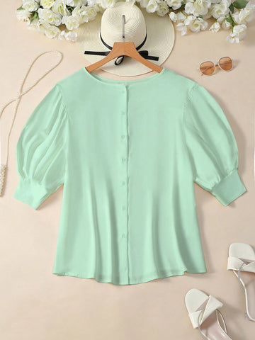 Plus Size Solid Color Bubble Sleeve Button-Down Shirt