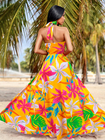Summer Beach Halter Neck Colorful Printed Slit Dress (Random Print)
