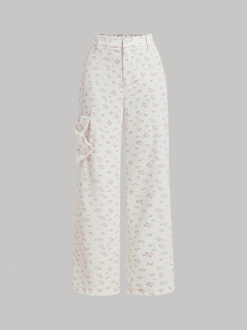 Summer Soft And Graceful Butterfly Knot Decorated Floral Print Wide-Leg Pants