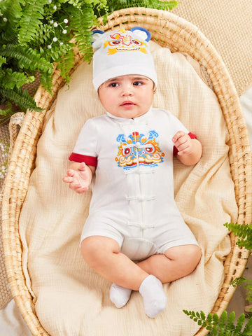 Newborn Baby Boy Chinese Style Button-Up Short Sleeve Romper With Manderin Collar, Tiger Head Hat, And Matching Pants Set