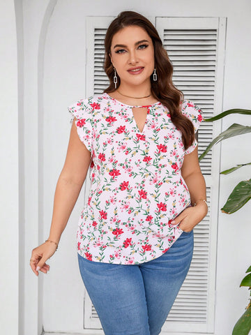 Plus Size Summer Casual Floral Print Hollow Out Ruffle Trim Blouse With Lace Hemline