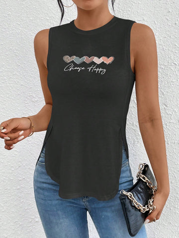 Women's Love Heart & Letter Printed Round Neck Sleeveless Casual Tank Top With Split Hem For Summer