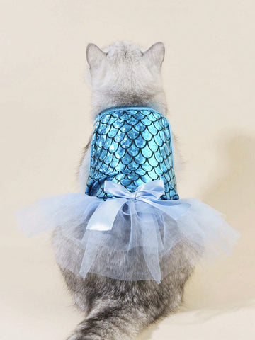 1pc Pet Blue Reflective Fish Scale Pattern Tulle Skirt Princess Dress
