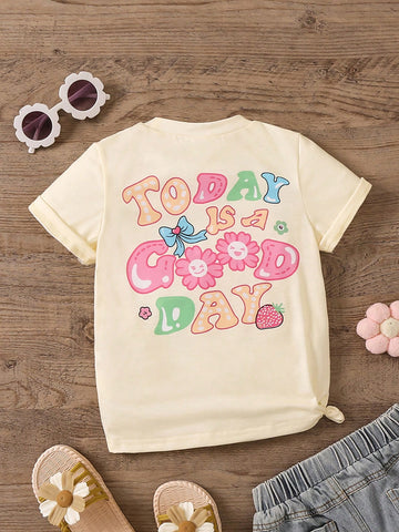 Young Girls' Summer Casual Round Neck Short Sleeve T-Shirt With Slogan & Cartoon Print