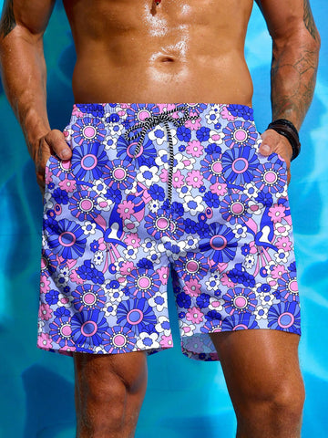 Men's Flower Printed Drawstring Waist Beach Shorts Summer Swimming,Surfing,Beach