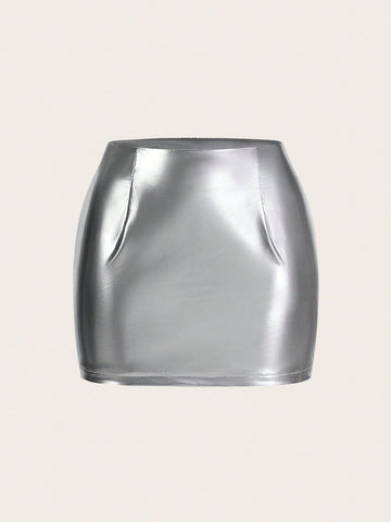 Women's Summer Silver Coated Bodycon Midi Skirt