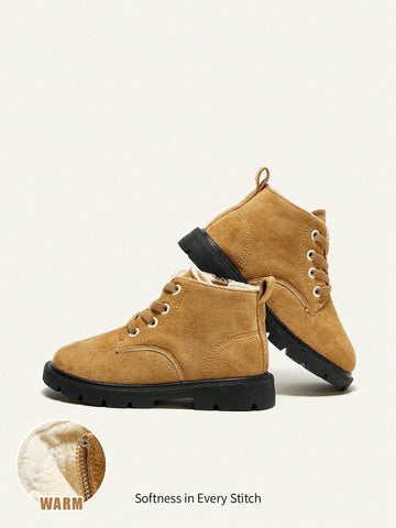 Boys' And Girls' Fashionable And Trendy Design, Warm And Comfortable Plus Velvet Elastic Band Boots In Camel Color
