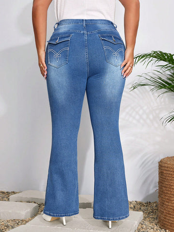Plus Size Women\ Embroidery Inserted Pockets Bell Bottom Jeans