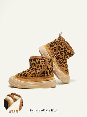 Girls' Stylish Leopard Print Snow Boots, Comfortable And Warm For Casual Wear, Camel Color