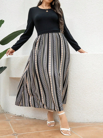 Plus Size Round Collar Patchwork Long Sleeve Long Dress
