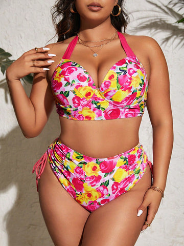 Plus Size Women's Vacation Style Halter Neck Floral Print Bikini Suit