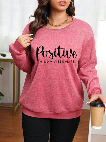 Plus Size Round Neck Letter Printed Sweatshirt With Long Sleeves And Pullover Design
