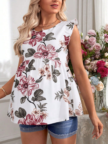 Maternity Summer Casual Floral Print Round Neck T-Shirt With Ruffle Trim
