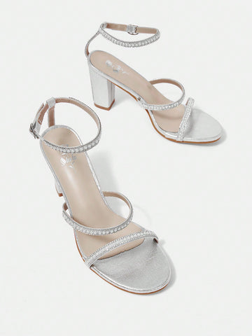 Fashionable Silver Women's High Heel Sandals With Round Toe, Chunky Heel And Pearl Detail