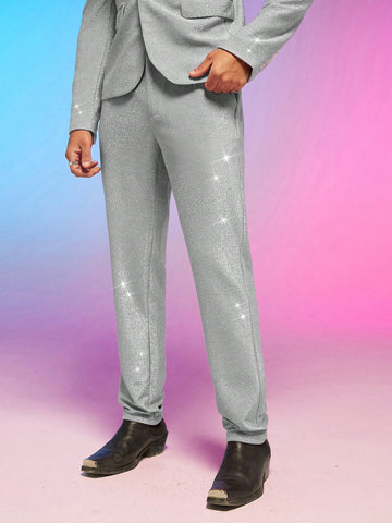 Men Knitted Leisure Straight Suit Trousers With A Glittery Effect