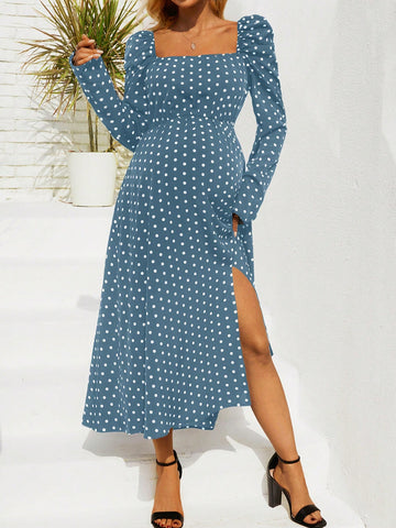 Fashionable Polka Dot Printed Long Sleeve Maternity Dress
