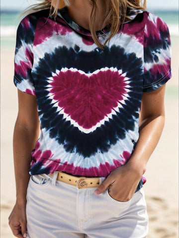 Plus Size Short Sleeve Heart Printed Tie-Dye T-Shirt