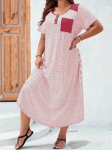 Plus Size Loose Striped Short Sleeve Round Neck Summer Dress