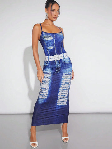 Denim-Effect Print Cami Bodycon Dress