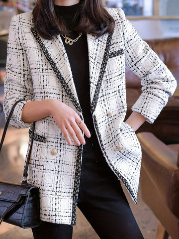 Women Plaid Elegant Suit Jacket With Lapel Collar