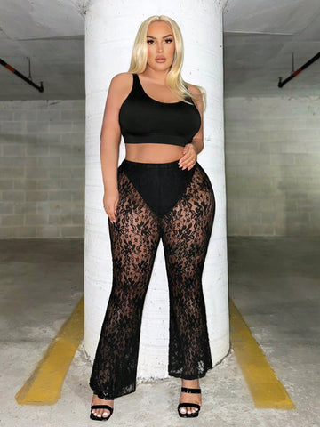 Women Sexy Plus Size Lace Decorated Pants