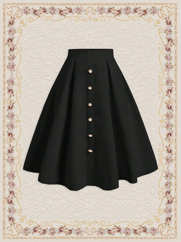 Women Casual Solid Color Button Front A-Line Skirt Vintage Elegant Black Skirt Spring Summer Outfit