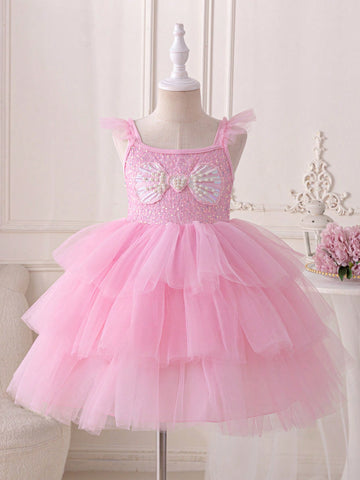 Young Girls Gorgeous Cap Sleeves Pink Shell Nail Beaded Mermaid Princess Tulle Cake Dress