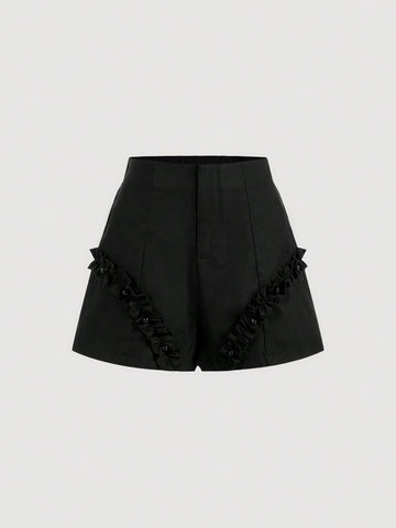 Women's Solid Color Wide Leg Shorts With Mushrooms-Shaped Lace Trim For Summer