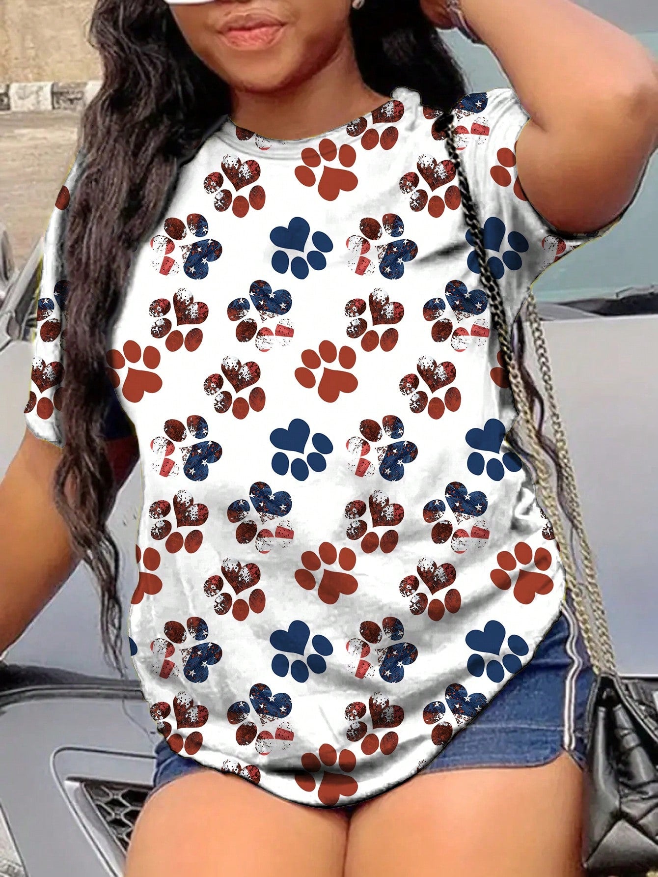 Plus Size Casual Short Sleeve T-Shirt With Claw Prints And Floral Design For Summer