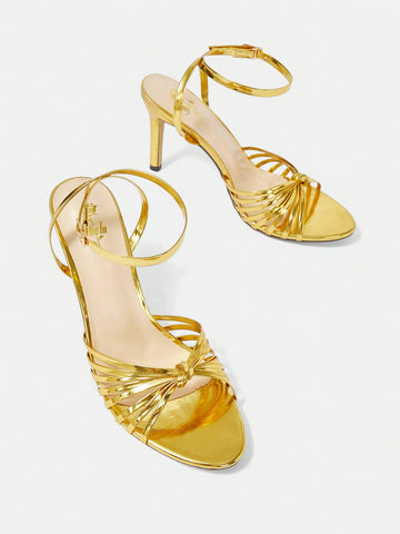 Fashionable Gold-Colored Women's High-Heeled Sandals With Small Round Toe And Thin Heels