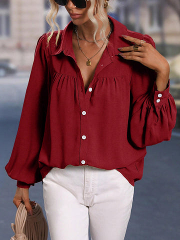 Women Spring And Summer Loose Casual Shirt With Lantern Sleeves, Shoulder Breaks And Dot Ripped Lines