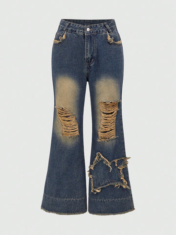 Women's Vintage Distressed Flare Jeans With Frayed Hem