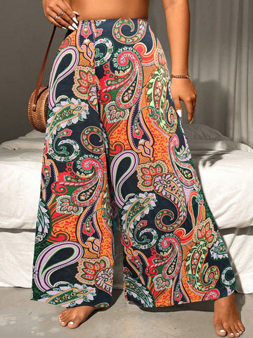 Plus Size Women's Holiday Style Wide Leg Pants With Paisley Pattern