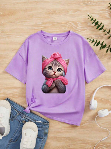 Tween Girl Summer Casual Cat Printed Round Neck Short Sleeve T-Shirt Mommy And Me Matching Outfits (4 Pieces Sold Separately)
