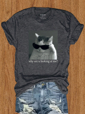 Women\ Cat Slogan Printed Short Sleeve T-Shirt For Summer