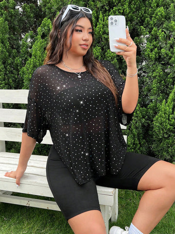 3pcs/Set Women Plus Size Colorful Round Sequin Decor Perspective Top And Strapless Shorts