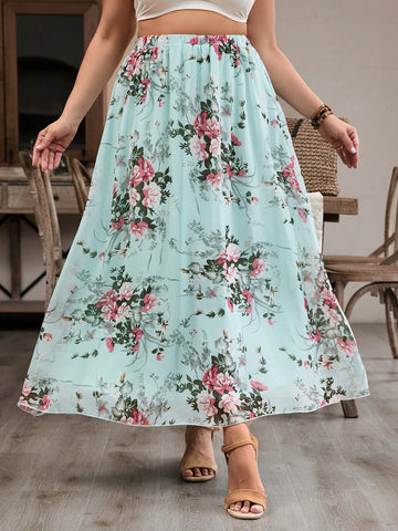 Plus Floral Print Pleated Summer Skirt