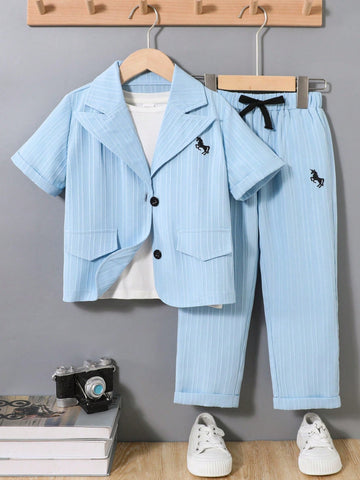Young Boys Spring/Summer 3D Woven Stripe Horse Embroidery Turn-Down Collar Short Sleeve Top And Long Pants Set