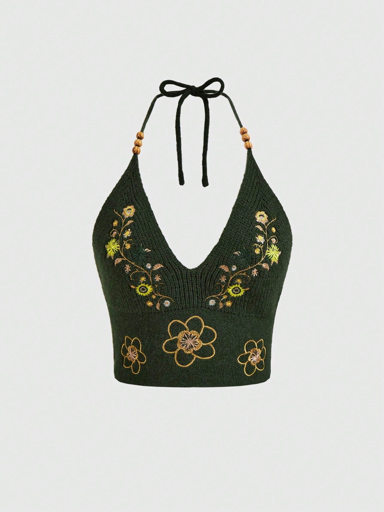 Floral Embroidery Backless Halter Knit Top