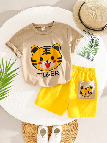 Young Boy's Cute Tiger Printed Short Sleeve T-Shirt And Shorts Casual Set For Summer