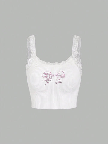 Pink Sparkly Rhinestone Bow Tie Summer Knitted Top With Lace Camisole Patchwork