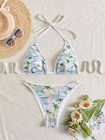 Summer Beach Plus Size Printed Halterneck Bra And Bikini Bottom Swimsuit Bikini Set, Random Print