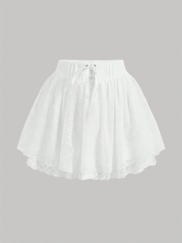 Contrast Lace High Waist White Skirt