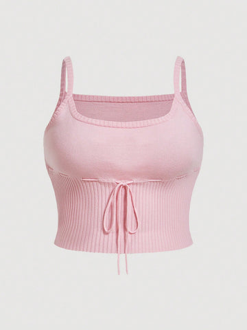 Casual Pink Simple Plus Size Knitted Camisole Top
