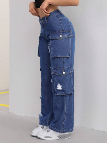 Women Fashionable Casual Multi-Pocket Design Denim Cargo Trousers