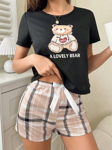 Bear & Letter Printed Short Sleeve Top And Checked Shorts Pajama Set