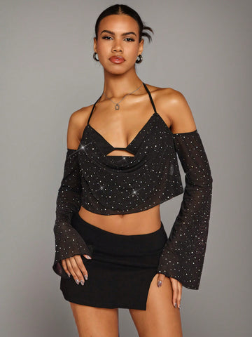 Women Black Loose Top With Exquisite Rhinestone Beads, Studs, Off Shoulder Neckline, Long Flared Sleeves And Dangling Collar