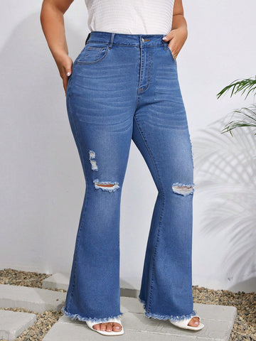 Plus Size Women\ Tight-Fitting Raw Edges Distressed Casual Flared Jeans
