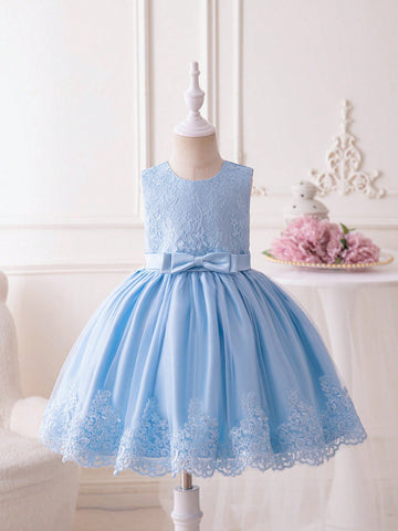 Blue Embroidered Mesh Tulle Princess Dress, Sleeveless Romatic Gorgeous Dress For Young Girls, Perfect For Birthday Party, Wedding, Festival, Performance