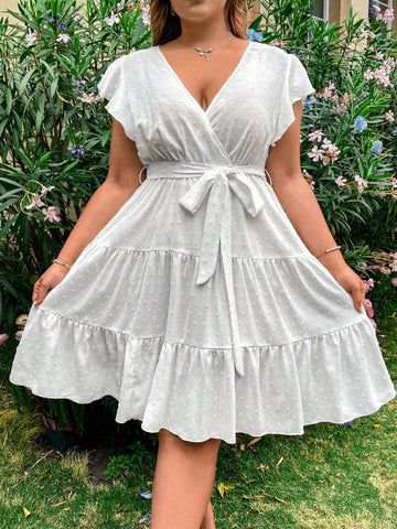 Plus Size Women's V-Neck Short Butterfly Sleeve Dress
